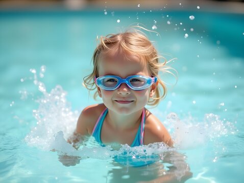Child with swimming goggles and swimsuit splashing water in playful summer activity for kids