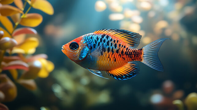 Vibrant Apistogramma Agassizii Aquarium Fish Swimming Amidst Aquatic Plants