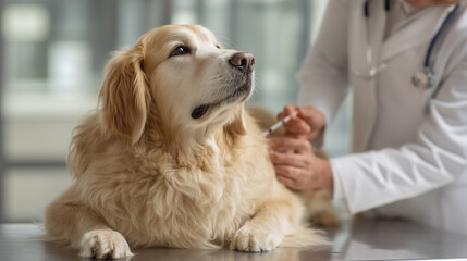 Golden retriever receiving a vaccination from a veterinarian in a clinical setting. The dog appears calm on the examination table while the vet administers care. Image made using Generative AI.