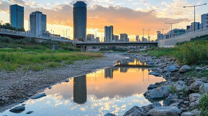 Urban river at sunset reflecting city skyline.