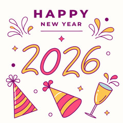 Happy New Year in elegant gold-lettering style with colorful stars and bold “2026”