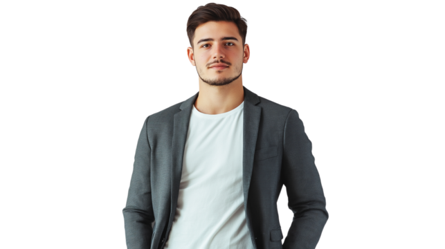 Young startup founder in modern casual blazer and T-shirt, standing posture, white backdrop, cinematic style, PNG
