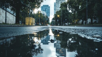 Rain-filled puddle reflecting city buildings.