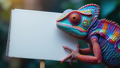 A vibrant chameleon clutching an empty sign