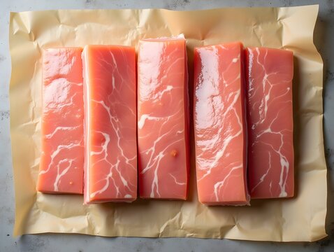 Fresh pork belly pieces on parchment paper. flat lay. vertical poster