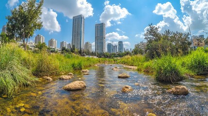 Urban stream flowing past high-rise buildings.