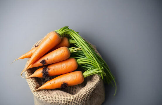 Freshly harvested carrots with greens in a burlap sack on a gray background