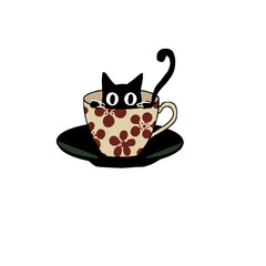Cute black cat peeking from a 'catpuccino' cup, charming art