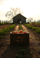 Wooden crate filled with fresh apples on a dirt path leading to a rustic barn
