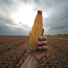 Human hand holding a fresh corn cob against a dramatic cloudy sky in a dry field
