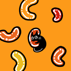 Quirky black cat inside a bean shape, playful design