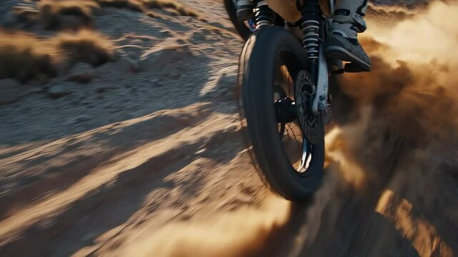 Off-road motorbike speeding through desert trail with dust flying, close-up action shot of rugged terrain and motion blur conveying thrill and extreme sport adventure