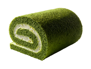 Matcha Swiss Roll Cake with Cream Filling on White Background