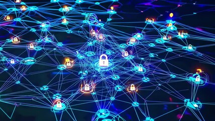 Digital blockchain network with glowing connection nodes and cryptocurrency icons interconnected in blue neon cyber web, visualizing decentralized technology and secure data systems - Powered by Adobe