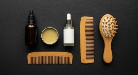 Natural wood hair care tools and organic grooming products flat lay
