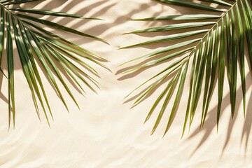 A shadow of palm leaves on sand, creating an abstract background with soft beige tones and delicate