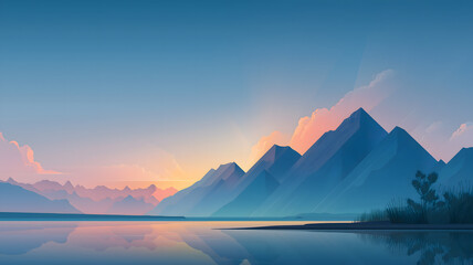 A peaceful and tranquil sunset over a mountain lake 