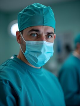 Focused male surgeon wearing surgical mask and cap in operating room environment
