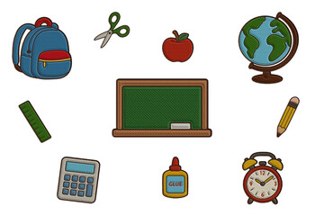 Retro-style back to school embroidery clipart set with backpack, chalkboard, globe, glue, and more. Warm textured look for digital scrapbooking, planner stickers, and educational projects