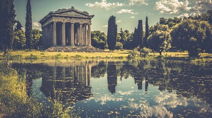 Ancient temple reflected in a serene lake.