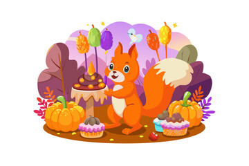 Obraz premium Cute squirrel celebrating birthday with autumn treats