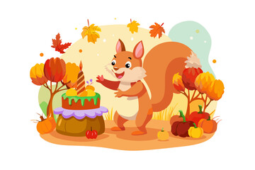 Cute squirrel celebrating birthday with autumn cake