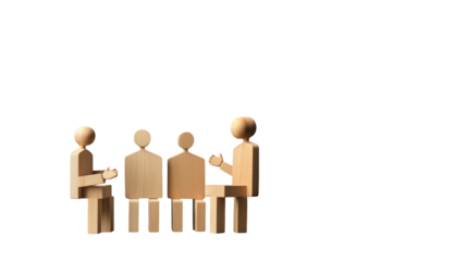 Stylized representation of four seated figures in a discussion against a black background space