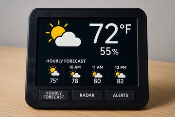 A close-up image of a weather station display showcasing the current conditions, including the temperature, humidity, and hourly forecast, with easy-to-read icons and data.