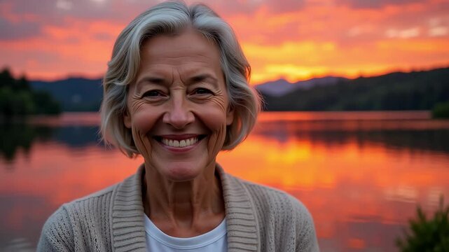 Sunset reflections at the lake with a smiling elderly woman enjoying nature's beauty