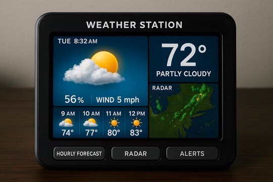 A detailed view of a modern weather station display, providing a comprehensive forecast with clear icons, data, and weather patterns.