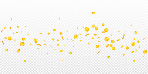 Japanese yen coins falling. Scattered gold JPY