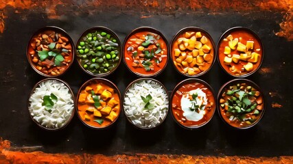 Different types of food are arranged in a row traditional indian dishes food background