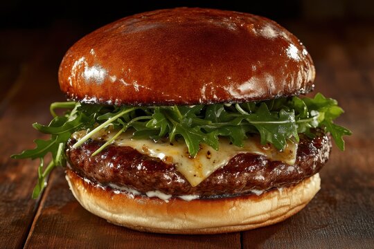 Blue Cheese Burger. Fresh Hamburger with Arugula and Rustic Beef