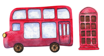 Festive collection of hand-painted watercolor elements with British symbols. Big Ben, Abbey Road sign, double-decker bus, telephone box, tea set. Illustrations isolated on white background