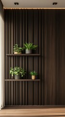 Dark wood wall with shelves and plants