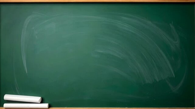 Classic green chalkboard with wooden frame and two pieces of chalk, eraser marks and light dust on the surface