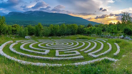 Stone maze in a grassy field under a sunset sky.