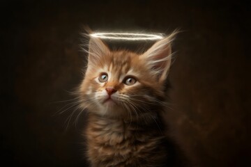 Obraz premium Captivating portrait of a fluffy ginger kitten wearing a glowing halo, symbolizing innocence, purity, and a touch of divine charm