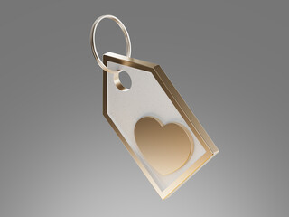 3D render of a black product tag with a golden heart symbol. Concept for favorite item, user rating, gift tag, emotional value, or customer preference in shopping.