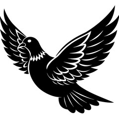 Fototapeta premium A black silhouette of a dove in flight, isolated on white background