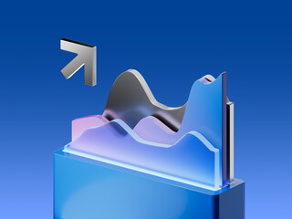 3D render of layered analytics chart with metallic gradient surfaces and upward arrow. Concept for business growth, statistics, finance, and data trends.
