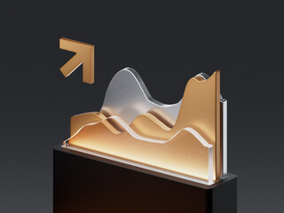 3D render of layered analytics chart with metallic gradient surfaces and upward arrow. Concept for business growth, statistics, finance, and data trends.
