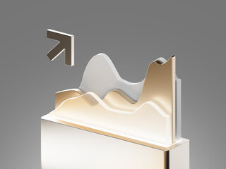 3D render of layered analytics chart with metallic gradient surfaces and upward arrow. Concept for business growth, statistics, finance, and data trends.