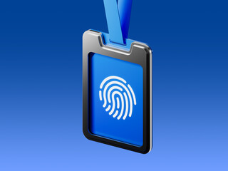 3D render of an ID badge with fingerprint symbol. Concept for biometric security, access control, digital identity, personal data, and authentication systems.
