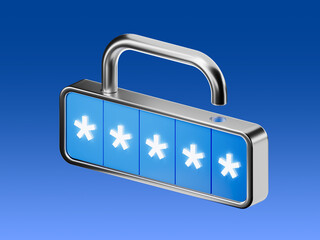 3D render of a metallic padlock with a password input interface, representing digital security and data protection. Concept of access control and encryption.