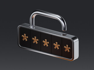 3D render of a metallic padlock with a password input interface, representing digital security and data protection. Concept of access control and encryption.