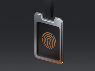 3D render of an ID badge with fingerprint symbol. Concept for biometric security, access control, digital identity, personal data, and authentication systems.