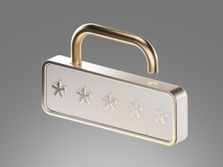 3D render of a metallic padlock with a password input interface, representing digital security and data protection. Concept of access control and encryption.