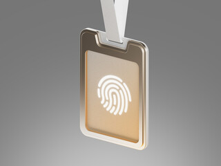 3D render of an ID badge with fingerprint symbol. Concept for biometric security, access control, digital identity, personal data, and authentication systems.