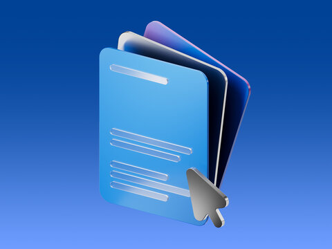 3D illustration of layered documents with a cursor pointer, representing online forms, digital files, or document interaction.